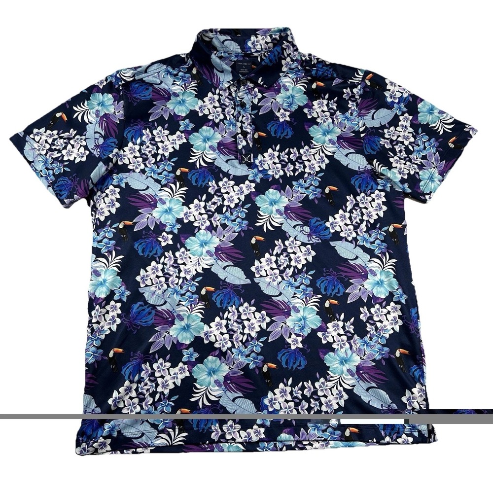 Construct Shirt Mens L Golf Polo Floral Birds Toucans Performance Stretch Tropic